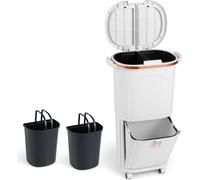 COSTWAY Poubelle de cuisine, Système de tri des déchets, 12L seau intérieur & 14L poubelle à pédale, Poubelle à roulettes, double couvercle, pédale & crochet, Collecteur de déchets, Blanc