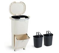 COSTWAY Poubelle de cuisine, Système de tri des déchets 3 compartiments, Poubelle à roulettes, couvercle, pédale & crochet, Poubelle à pédale, Collecteur de déchets, Beige