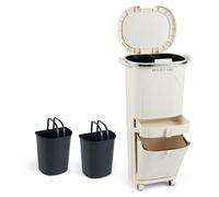 COSTWAY Poubelle de cuisine, Système de tri des déchets 3 compartiments, Poubelle à roulettes, tiroir, couvercle, pédale & crochet, Poubelle à pédale Collecteur de déchets, salle de bain, beige