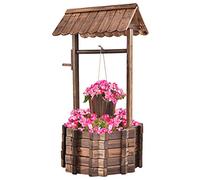 COSTWAY Puits de Jardin en Bois de Sapin Traité par Carbonisation | Fontaine de Jardin Décorative 56 x 56 x 114 cm avec Seau et Manivelle