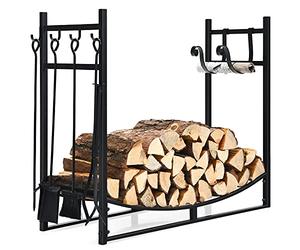 COSTWAY Range Buche en Fer Forgé, Porte Buches pour Cheminée, Rangement Bois Charge Max 50 kg, pour Poêle, Brasero, Range Buches Exterieur Intérieur (36" avec 4 Ustensiles)