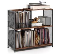 COSTWAY Rangement Platine Vinyle 3 Niveaux pour CD/DVD, Meuble Disque Vinyle jusqu'à 300 Albums, Support de Tourne-Disque avec 3 Diviseurs Amovibles, Cadre en Métal, Marron Rustique (Marron Rustique)