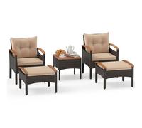 COSTWAY Salon de Jardin en Rotin 5 Pièces, Meuble de Jardin avec 2 Fauteuils 2 Ottomans et Table d'Appoint avec Plateau en Bois d'Acacia, Coussins Amovibles, pour Patio Cour (Jaune Terre)