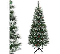 CostwaySapin de Noël Artificiel 150cm avec Flocons de Neige avec Baies Rouges Dense Base en Métal 100% PVC Décoration de Vacances