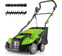 COSTWAY Scarificateur & aérateur de gazon électrique 2en1, aérateur de gazon à pied avec bac de ramassage de 55L, 3 niveaux de réglage en hauteur & 5 niveaux de profondeur de travail, vert