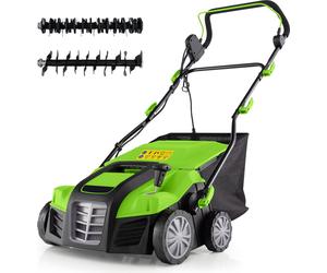 COSTWAY Scarificateur & aérateur de gazon électrique 2en1, aérateur de gazon à pied avec bac de ramassage de 55L, 3 niveaux de réglage en hauteur & 5 niveaux de profondeur de travail, vert