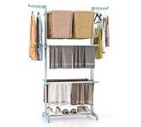 COSTWAY Sechoir à Linge Pliable 3 Niveaux, Étendoir Linge à roulettes en Métal, Sechoir Tancarville Solide avec 2 Porte-cintres, Porte-Chaussures, Seche Linge Intérieur Extérieur (Bleu Clair)