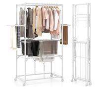 COSTWAY Séchoir à linge pliable, Séchoir à linge avec crochets & supports de séchage, Roulettes universelles avec frein, Porte-manteau, Blanc