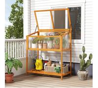 COSTWAY Serre de Jardin en Bois de Sapin avec Toit Transparent Ouvrant Étagère de Rangement à Lattes pour Jardin Véranda, Orange