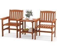 COSTWAY Set bistrot 3 pièces pour la terrasse, ensemble de sièges en bois avec 2 chaises, table et trou pour parasol, petit ensemble de sièges