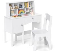 COSTWAY Set bureau et chaise pour enfants, table de bricolage en bois pour enfants avec chaise, armoire à étagères et armoire de rangement pour enfants de 3 ans et plus Blanc