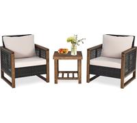 COSTWAY Set de 3 meubles de jardin en rotin, Set de balcon en bois et chaises, Set de salon en poly rotin avec coussins lavables, Ensemble de salon Outdoor, Groupe de salon terrasse jardin balcon