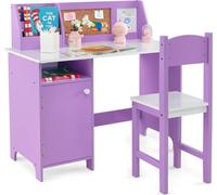 COSTWAY Set de bureau pour enfants, bureau d'écolier en bois, bureau pour enfants avec chaise, bibliothèque, armoire & tableau d'affichage pour enfants à partir de 3 ans, lilas