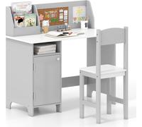 COSTWAY Set de bureau pour enfants, bureau d'écolier en bois, bureau pour enfants avec chaise, bibliothèque, armoire & tableau d'affichage pour enfants à partir de 3 ans, gris