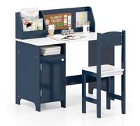 COSTWAY Set de bureau pour enfants, bureau d'écolier en bois, bureau pour enfants avec chaise, bibliothèque, armoire & tableau d'affichage pour enfants à partir de 3 ans, bleu