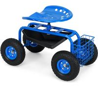 COSTWAY Siège à roulettes avec roulettes, tablette, panier et large pneu en caoutchouc, chariot de jardin en métal pivotant à 360° réglable en hauteur, siège à roulettes jusqu'à 150kg métal bleu
