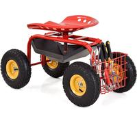 COSTWAY Siège de jardin avec roulettes, tablette, panier et large pneu en caoutchouc, chariot de jardin pivotant à 360° réglable en hauteur, siège à roulettes jusqu'à 150kg Métal