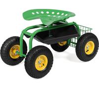 COSTWAY Siège de jardin avec roulettes, tablette, panier et large pneu en caoutchouc, chariot de jardin pivotant à 360° réglable en hauteur, siège à roulettes jusqu'à 150kg Métal