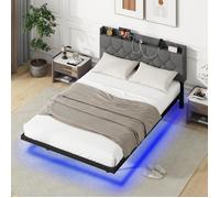 COSTWAY Structure de Lit Flottant 200 x 140 cm avec LED, Contrôle Intelligent APP, Tête de Lit Réglable et Station de Charge, Gris