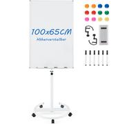 COSTWAY Support de flipchart 100x65cm, Tableau blanc mobile magnétique avec marqueurs, gomme et roulettes, hauteur réglable jusqu'à 192cm, effaçable à sec