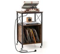 COSTWAY Support de Stockage de Disques Vinyles avec Station de Charge Intégrée 2 AC 1 USB et 1 Type-C Pieds en Métal Marron