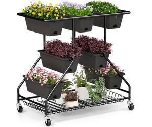 COSTWAY Support pour fleurs Escalier pour fleurs avec bacs à fleurs, roulettes, 7 bacs à plantes, 2 paniers & trous de drainage, Support pour plantes 100x56x99cm Noir