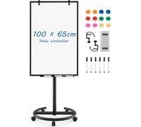 COSTWAY Support pour Flipchart, 100x65cm, Tableau blanc mobile sur roulettes, hauteur réglable jusqu'à 192cm, effaçable à sec, magnétique, Flip Chart avec support rond, aimants, marqueurs & gomme