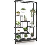 COSTWAY Support pour plantes 6 étages, 180cm étagère pour plantes en métal avec 10 crochets en S & étagère grillagée, support pour fleurs, pour balcon, salon, noir