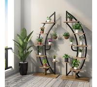 COSTWAY Support pour plantes en métal à 6 niveaux en forme de demi-lune, étagère à fleurs avec 2 petites étagères & crochet supérieur, échelle étagère à plantes anti-basculement, 2 pièces