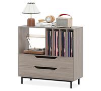 COSTWAY Support pour tourne-disques, Table pour tourne-disques avec casier, 4 compartiments pour vinyles & 2 tiroirs, Armoire pour disques avec rangement pour vinyles, Gris