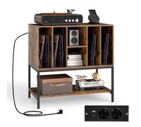 COSTWAY Support Tourne-Disque avec Prise, Rangement Platine Vinyle avec Étagères, 6 Compartiments, Rangement CD/Album/Disque, Meuble Bibliothèque pour Manga (Marron Rustique)
