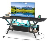COSTWAY Support TV, Lowboard pour téléviseur 65 pouces, table console à 3 niveaux avec lampes LED, prises de courant, compartiments de rangement & tiroir en tissu, noir