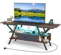 COSTWAY Support TV, Lowboard pour téléviseur 65 pouces, table console à 3 niveaux avec lampes LED, prises de courant, compartiments de rangement & tiroir en tissu, marron