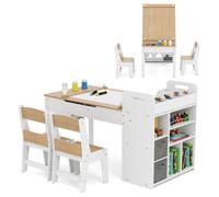 COSTWAY Table 3 en 1 et 2 Chaises Enfants -Rouleau de Papier -Plateau Rabattable - Étagères -Bacs en Tissu-8 Pots de Peinture