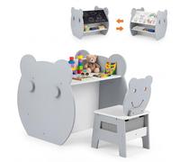 COSTWAY Table 3 en 1 pour enfants avec chaise, table de dessin avec tableau noir et tableau blanc, ensemble de sièges pour enfants avec crochets, tiroir en tissu, espace de rangement, pour les enfants