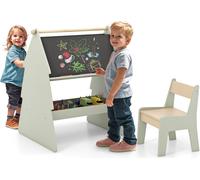 COSTWAY Table à dessin pour enfants avec tabouret, combinaison 2 en 1 tableau double face & chaise avec porte-rouleau de papier & espace de rangement, adorable ensemble de sièges pour enfants