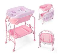 COSTWAY Table à Langer 2 en 1 avec Baignoire 20L Plateau de Rangement, Commode à Langer Pliable Couches Étanches Roue Universelle à Frein Charge 35KG, pour Bébé 0-12 Mois (Rose)