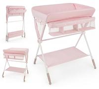 COSTWAY, table à langer 3 en 1, commode à langer sur roulettes, station de change à hauteur réglable avec étagère et panier de rangement, matelas à langer jusqu'à 11 kg, rose