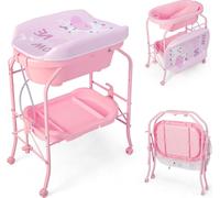 COSTWAY Table à langer 4 en 1 jusqu'à 35 kg, table à langer avec baignoire, matelas à langer & roues universelles, station de change pour bébé de 0 à 12 mois, rose
