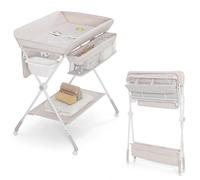 COSTWAY Table à langer pliable avec 3 hauteurs réglables, ceinture de sécurité & roulettes, table à langer mobile y compris espace de rangement & bassin d'eau, pour nouveau-nés, beige