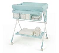 COSTWAY Table à Langer Pliante pour Bébé avec Roulettes Étagère et Panier, 3 Hauteur Réglable, pour Nouveau-nés 0-1 An Vert