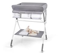 COSTWAY Table à Langer Pliante pour Bébé avec Roulettes Étagère et Panier, 3 Hauteur Réglable, pour Nouveau-nés 0-1 An Gris