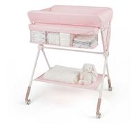 COSTWAY Table à Langer Pliante pour Bébé avec Roulettes Étagère et Panier, 3 Hauteur Réglable, pour Nouveau-nés 0-1 An Rose