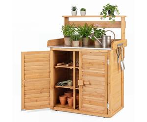 COSTWAY Table à plantes avec meuble bas, plan de travail & étagères amovibles, table de travail outdoor résistante aux intempéries, table à fleurs 87x45x120cm nature