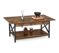 COSTWAY Table Basse à 2 Niveaux, 110 x 60 x 48 CM, avec Cadre Métallique en Forme X, Pieds Réglables, Style Industrielle, Marron