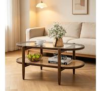 COSTWAY Table Basse Bois, Table Basse Salon en Verre, Cadre en Bois Courbé, Design Cannage en Rotin PE, Table de Salon Organique, Ovale, 90x50x45cm (Marron)
