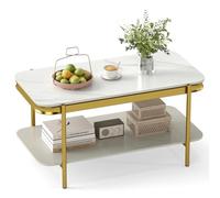 COSTWAY Table Basse en Pierre 2 Niveaux, Plateau en Pierre Frittée Aspect Marbre, Cadre en Métal, Table de Salon Travertin, Moderne, pour Salon, Chambre (Blanc)
