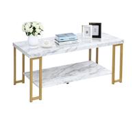 COSTWAY Table Basse Imprimée Marbre à 2 Niveaux avec 4 Pieds en Métal Doré, Table de Salon Scandinave pour Bureau Salle de