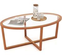 COSTWAY Table Basse Ovale en Verre Trempé, Pieds en Bois d'Hévéa, Base Croisée, Table Moderne 118cm, pour Salon Maison Bureau, Brun