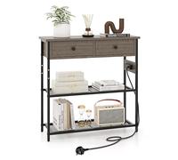 COSTWAY Table Console 2 Tiroir, Console Entrée 2 Prises, 1 USB, 1 Type-C, 3 Étagères en Treillis Métallique, Console Meuble Industrielle Métal pour Salon, Couloir, Chambre (Gris chêne)